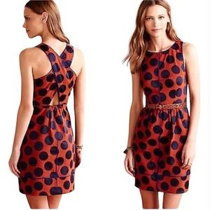 ANTHROPOLOGIE Maeve Rokin Dress Cross Back Polka Dot Orange Blue Size 10